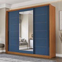 Guarda-Roupa Casal Lisboa 3 Portas 4 Gavetas com Espelho Freijó/Azul - Politorno