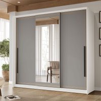 Guarda-Roupa Casal Valência 3 Portas 4 Gavetas com Espelho Branco/Cinza - Politorno