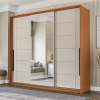 Guarda-Roupa Casal Lisboa 3 Portas 4 Gavetas com Espelho Freijó/Creme - Politorno