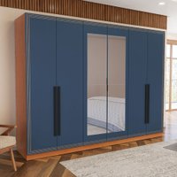 Guarda-Roupa Valência 6 Portas 4 Gavetas com Espelho Freijó/Azul - Politorno