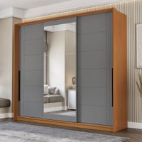 Guarda-Roupa Casal Lisboa 3 Portas 4 Gavetas com Espelho Freijó/Cinza - Politorno