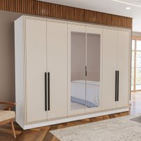 Guarda-Roupa Valência 6 Portas 4 Gavetas com Espelho Branco/Creme - Politorno
