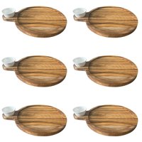 Kit 6 Petisqueira Teca 23cm Servir com Cabo e Ramekin 30ml Tábua Aperitivo Queijos