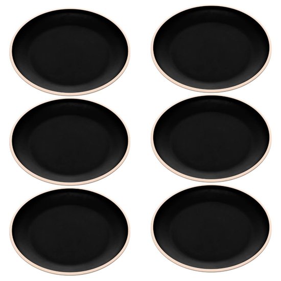 Jogo 6 Pratos de Sobremesa 21,5cm de Melamina Class Preto Raso Lanches Bolos Tortas Wolff
