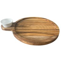 Petisqueira Tábua Teca 23cm Servir com Cabo e Ramekin 30ml Redonda Aperitivos Queijos