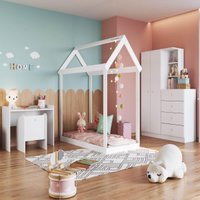 Quarto Infantil Completo Montessoriano Branco MDP Cama Guarda Roupa Cômoda Mesinha