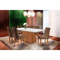 Sala de Jantar Completa Luna Tampo Madeirado Canto Curvo 180x90cm e 6 Cadeiras Grécia Imbuia/Suede Capuccino - Rufato