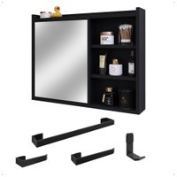 Espelheira Armário de Banheiro 1 Porta Prateleira Espelho Kit Acessórios Lavabo 4 Peças Aço Inox Preto - RPM