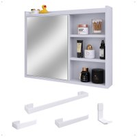 Espelheira Armário de Banheiro 1 Porta Prateleira Espelho Kit Acessórios Lavabo 4 Peças Aço Inox Branco - RPM