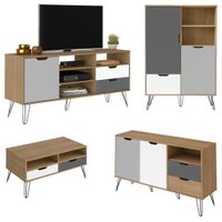 Conjunto Sala Estar Rack TV 60 Pol Carvalho Branco Grafite Prata ARLY
