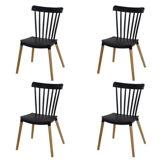 Kit 4 Cadeiras Windsor Preta para Sala de Jantar Cozinha Restaurante com Base em Madeira