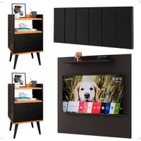 Kit 2 Mesinhas Gavetas Painel Preto/Cinamomo Tv 32 Polegadas Prateleira Cabeceira Suede Cama Box King Size 1,95 - RPM