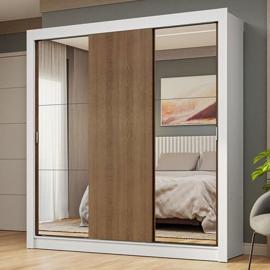 Guarda-Roupa Casal 3 Portas de Correr com Espelhos Nobre Madesa Branco/Rustic