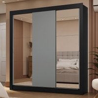 Guarda-Roupa Casal 3 Portas de Correr com Espelhos 2 Gavetas Sublime Madesa Preto/Cinza