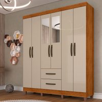 Guarda-Roupa Casal Diamante 6 Portas 2 Gavetas com Espelho Cinamomo/Off White - Pnr Móveis