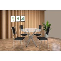 Sala de Jantar Completa Volga c/ Tampo de Vidro 95cm e 4 Cadeiras Lisboa Niquel - Courano Preto - Kappesberg