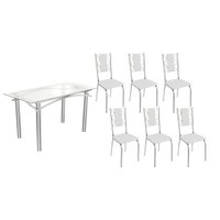 Sala de Jantar Completa Elba c/ Tampo de Vidro 150cm e 6 Cadeiras Lisboa Cromada - Courano Branco - Kappesberg