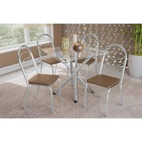 Sala de Jantar Completa Volga c/ Tampo de Vidro 90cm e 4 Cadeiras Holanda Cromada - Courano Capuccino - Kappesberg