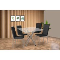 Sala de Jantar Completa Volga c/ Tampo de Vidro 90cm e 4 Cadeiras Amsterdã Niquel - Courano Preto - Kappesberg