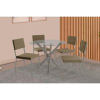 Sala de Jantar Completa Volga c/ Tampo de Vidro 95cm e 4 Cadeiras Zaria Niquel - Suede Bege - Kappesberg