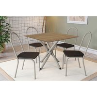 Sala de Jantar Completa Volga c/ Tampo de Madeira 90cm e 4 Cadeiras Noruega Niquel/Nogueira - Courano Preto - Kappesberg