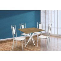 Sala de Jantar Completa Volga c/ Tampo de Madeira 90cm e 4 Cadeiras Lisboa Cromado/Nogueira - Branco - Kappesberg