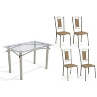Sala de Jantar Completa Elba c/ Tampo de Vidro 120cm e 4 Cadeiras Florença Niquel - Courano Capuccino - Kappesberg