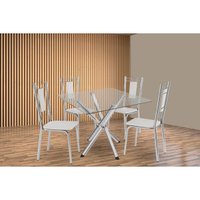 Sala de Jantar Completa Volga c/ Tampo de Vidro 90cm e 4 Cadeiras Florença Cromada - Courano Branco - Kappesberg