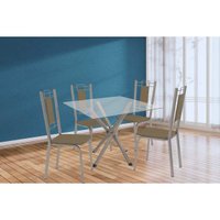 Sala de Jantar Completa Volga c/ Tampo de Vidro 90cm e 4 Cadeiras Florença Niquel - Courano Capuccino - Kappesberg