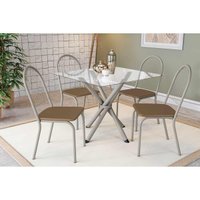 Sala de Jantar Completa Volga c/ Tampo de Vidro 90cm e 4 Cadeiras Noruega Niquel - Courano Capuccino - Kappesberg