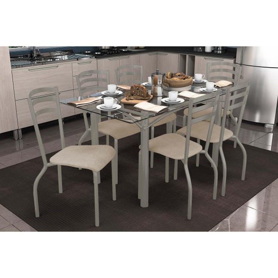 Sala de Jantar Completa Elba c/ Tampo de Vidro 150cm e 6 Cadeiras Portugal Niquel - Courano Bege - Kappesberg