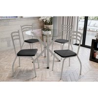 Sala de Jantar Completa Volga c/ Tampo de Vidro 95cm e 4 Cadeiras Portugal Niquel - Courano Preto - Kappesberg
