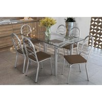 Sala de Jantar Completa Elba c/ Tampo de Vidro 150cm e 6 Cadeiras Holanda Cromada - Courano Marrom - Kappesberg
