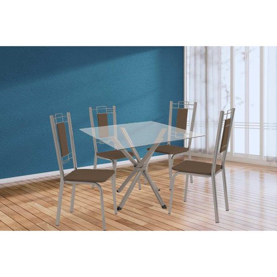 Sala de Jantar Completa Volga c/ Tampo de Vidro 90cm e 4 Cadeiras Florença Niquel - Courano Marrom - Kappesberg