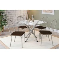 Sala de Jantar Completa Volga c/ Tampo de Vidro 90cm e 4 Cadeiras Noruega Niquel - Courano Marrom - Kappesberg