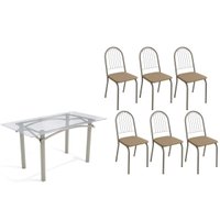 Sala de Jantar Completa Elba c/ Tampo de Vidro 150cm e 6 Cadeiras Noruega Niquel - Courano Capuccino - Kappesberg