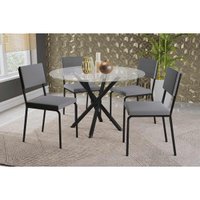 Sala de Jantar Completa Volga c/ Tampo de Vidro 95cm e 4 Cadeiras Zaria Preto - Suede Cinza - Kappesberg