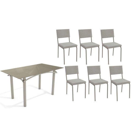 Sala de Jantar Completa Elba c/ Tampo de Vidro 140cm e 6 Cadeiras Zaria Niquel/Bronze - Boucle Cinza - Kappesberg