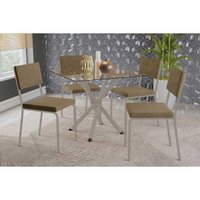 Sala de Jantar Completa Volga c/ Tampo de Vidro 90cm e 4 Cadeiras Zaria Niquel - Suede Bege - Kappesberg