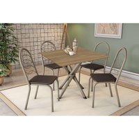 Sala de Jantar Completa Volga c/ Tampo de Madeira 90cm e 4 Cadeiras Holanda Niquel/Nogueira - Marrom - Kappesberg