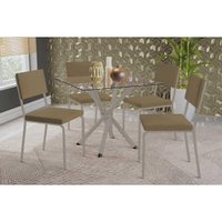 Sala de Jantar Completa Volga c/ Tampo de Vidro 90cm e 4 Cadeiras Zaria Niquel - Boucle Bege - Kappesberg