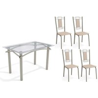 Sala de Jantar Completa Elba c/ Tampo de Vidro 120cm e 4 Cadeiras Florença Niquel - Courano Bege - Kappesberg