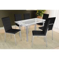 Sala de Jantar Completa Elba c/ Tampo de Vidro 150cm e 6 Cadeiras Amsterdã Cromada - Courano Preto - Kappesberg