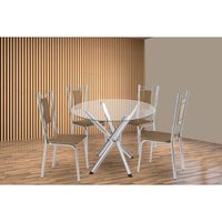 Sala de Jantar Completa Volga c/ Tampo de Vidro 95cm e 4 Cadeiras Florença Cromada - Courano Capuccino - Kappesberg