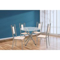 Sala de Jantar Completa Volga c/ Tampo de Vidro 95cm e 4 Cadeiras Florença Niquel - Courano Bege - Kappesberg
