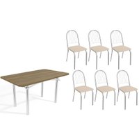 Sala de Jantar Completa Elba c/ Tampo de Madeira 160cm e 6 Cadeiras Noruega Cromada/Nogueira - Courano Bege - Kappesberg