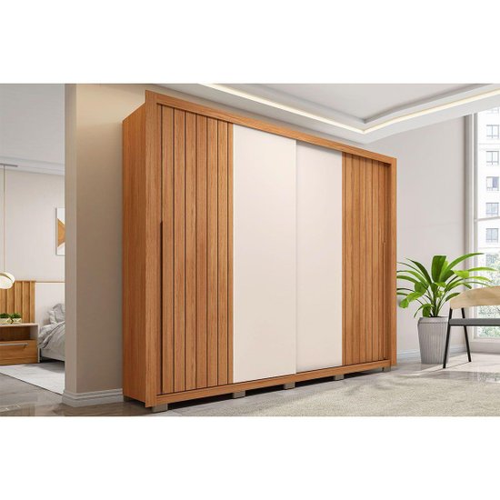 Guarda Roupa Casal 2 Portas de Correr e 4 Gavetas Ripado Moviment Freijo/Off White - Caemmun