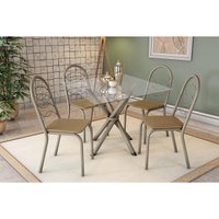 Sala de Jantar Completa Volga c/ Tampo de Vidro 90cm e 4 Cadeiras Holanda Niquel - Courano Capuccino - Kappesberg