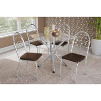 Sala de Jantar Completa Volga c/ Tampo de Vidro 90cm e 4 Cadeiras Holanda Cromada - Courano Marrom - Kappesberg