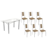 Sala de Jantar Completa Elba c/ Tampo de Vidro 150cm e 6 Cadeiras Lisboa Cromada - Courano Capuccino - Kappesberg